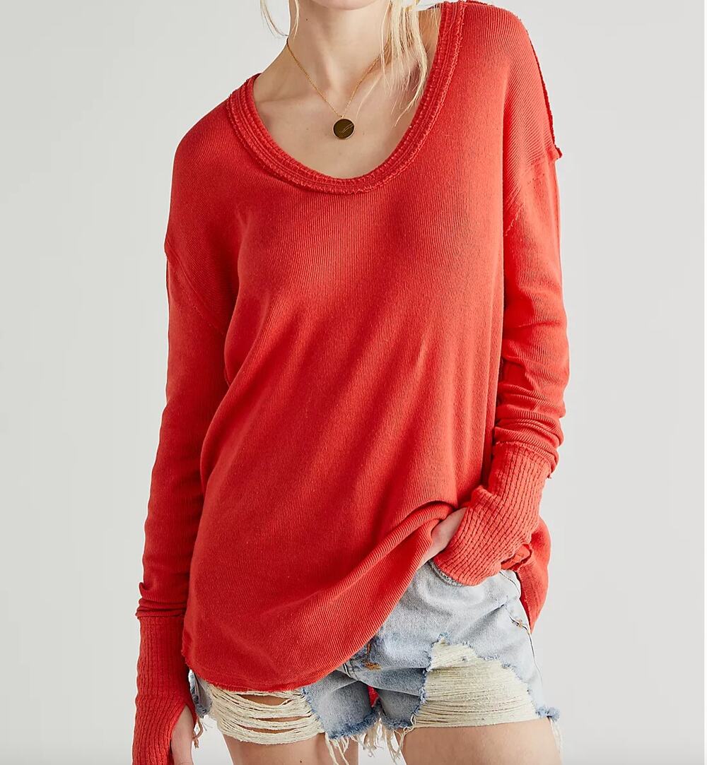 We The Free People Care Orange Red Thermal Ribbon Colby Long Sleeve Tee Size XS